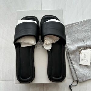 Brunello Cucinelli Black Leather Slides